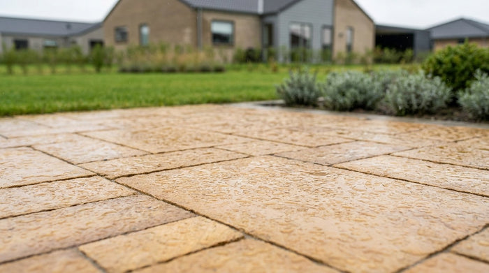 Nyanlagt terrasse med gylden indisk sandsten i et dansk havemiljø, der modstår både frost og regn.