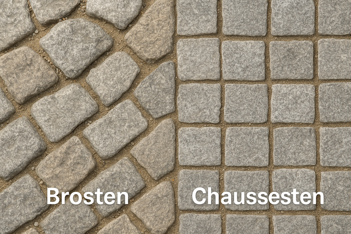 Nærbillede af brosten (venstre) og chaussesten (højre) med tekst.