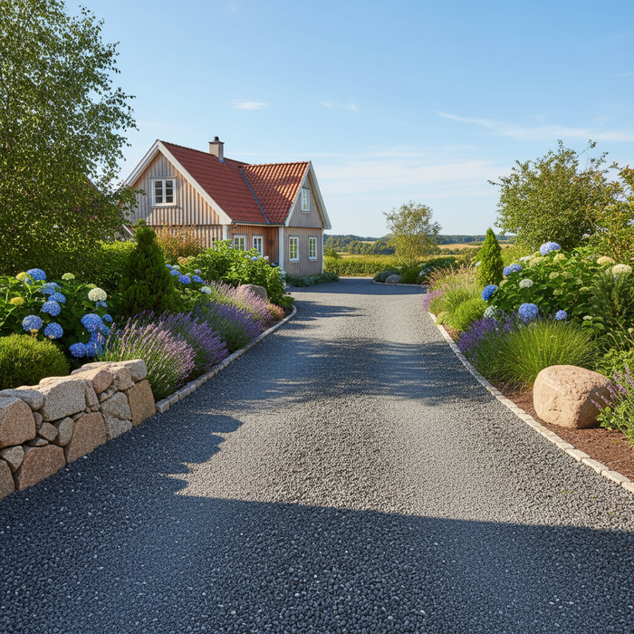 Grusvej fører til idyllisk hus med blomsterbede. Støvbinding giver en støvfri sommer.