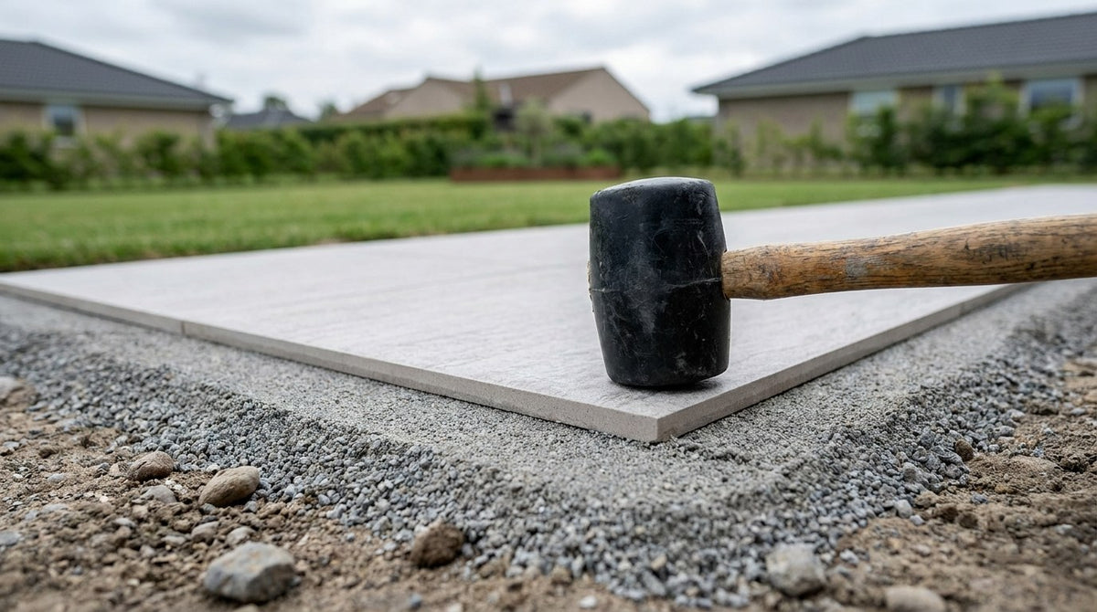 Nylagt terrasse med 2 cm keramiske fliser på et perfekt afrettet sand og gruslag