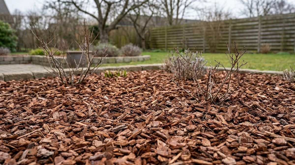 Et velplejet havebed dækket af et tykt lag mørkt dækmateriale af fyrrebark, pænt afgrænset af stokhuggede granitkantsten mod en grøn græsplæne.