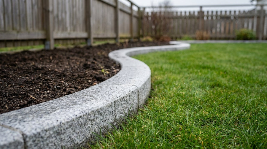 Brolægger der sætter buede radius kantsten i granit omkring et rundt blomsterbed i en dansk have