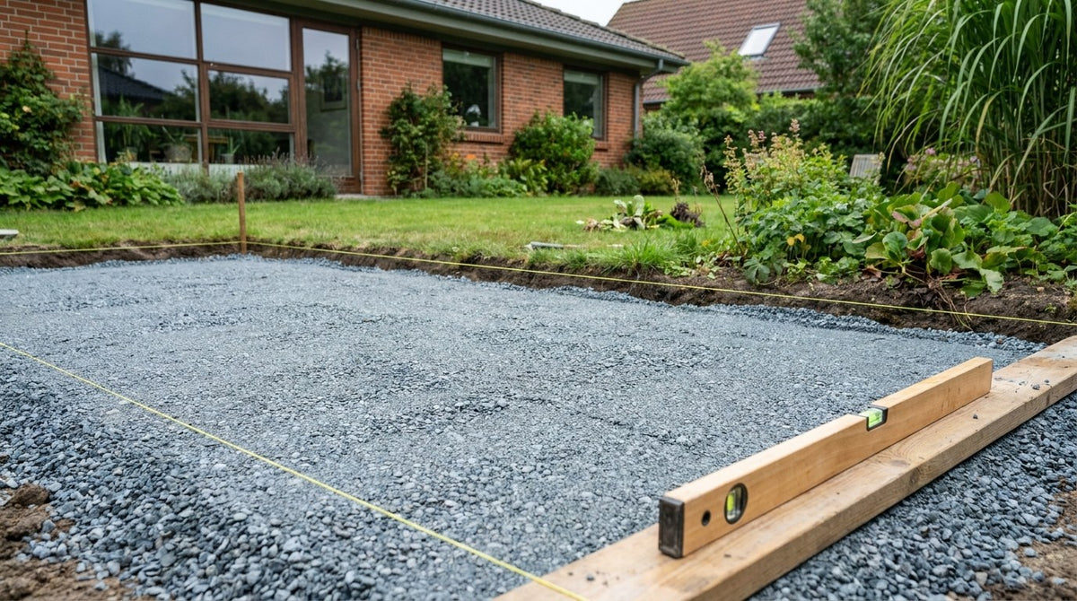 En gør-det-selv haveejer der afretter grus med en retskinne som del af en professionel terrasse opbygning.