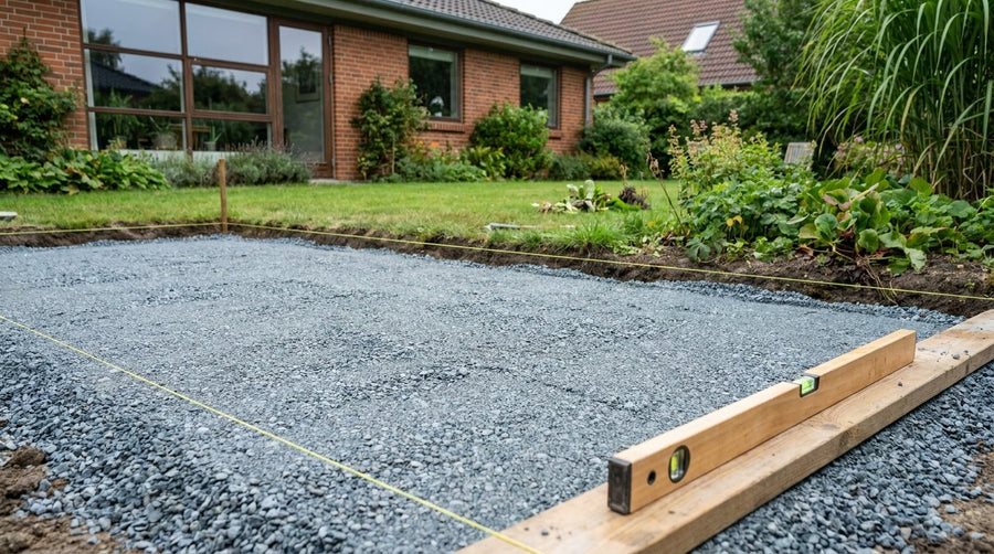 En gør-det-selv haveejer der afretter grus med en retskinne som del af en professionel terrasse opbygning.