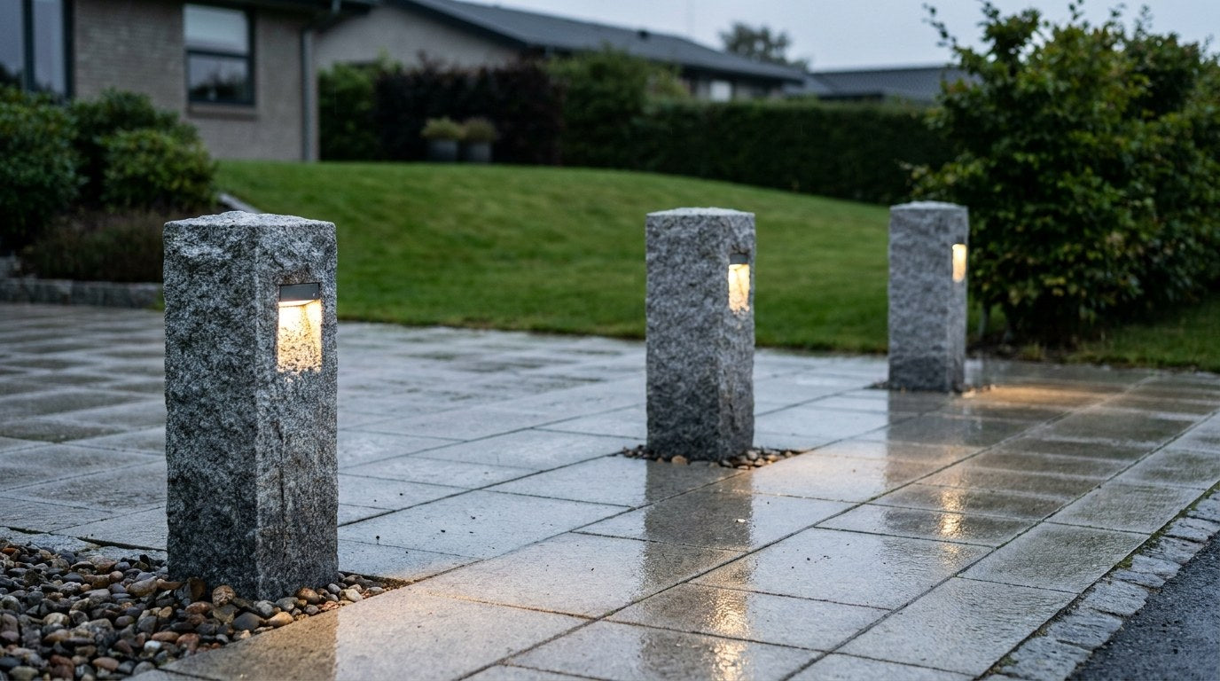 En smukt oplyst dansk indkørsel med lyse granitskærver og solide mørke granitpullerter, der markerer overgangen til græsplænen i mørket.