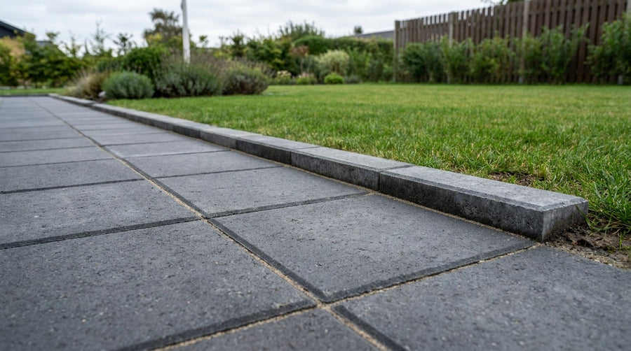 Nyanlagt indkørsel med kørefaste betonfliser og korrekt fald for regnvand