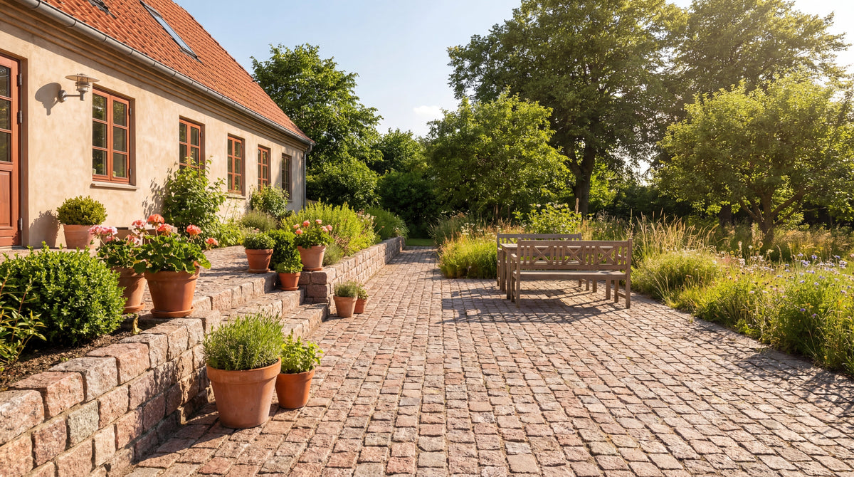 Chaussestensbelægning i haven med blomsterkrukker og bænke. Inspiration til brolægning.
