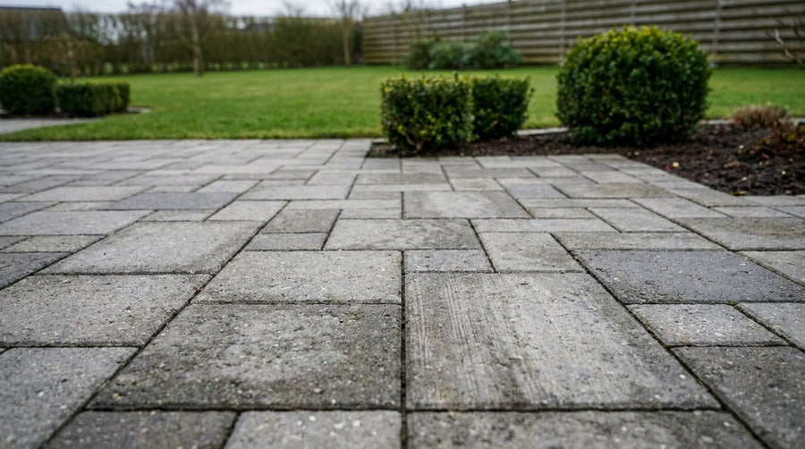Nylagt terrasse med IBF modulfliser i et smukt forbandt bestående af 30x60, 20x20 og 15x15 cm betonfliser.