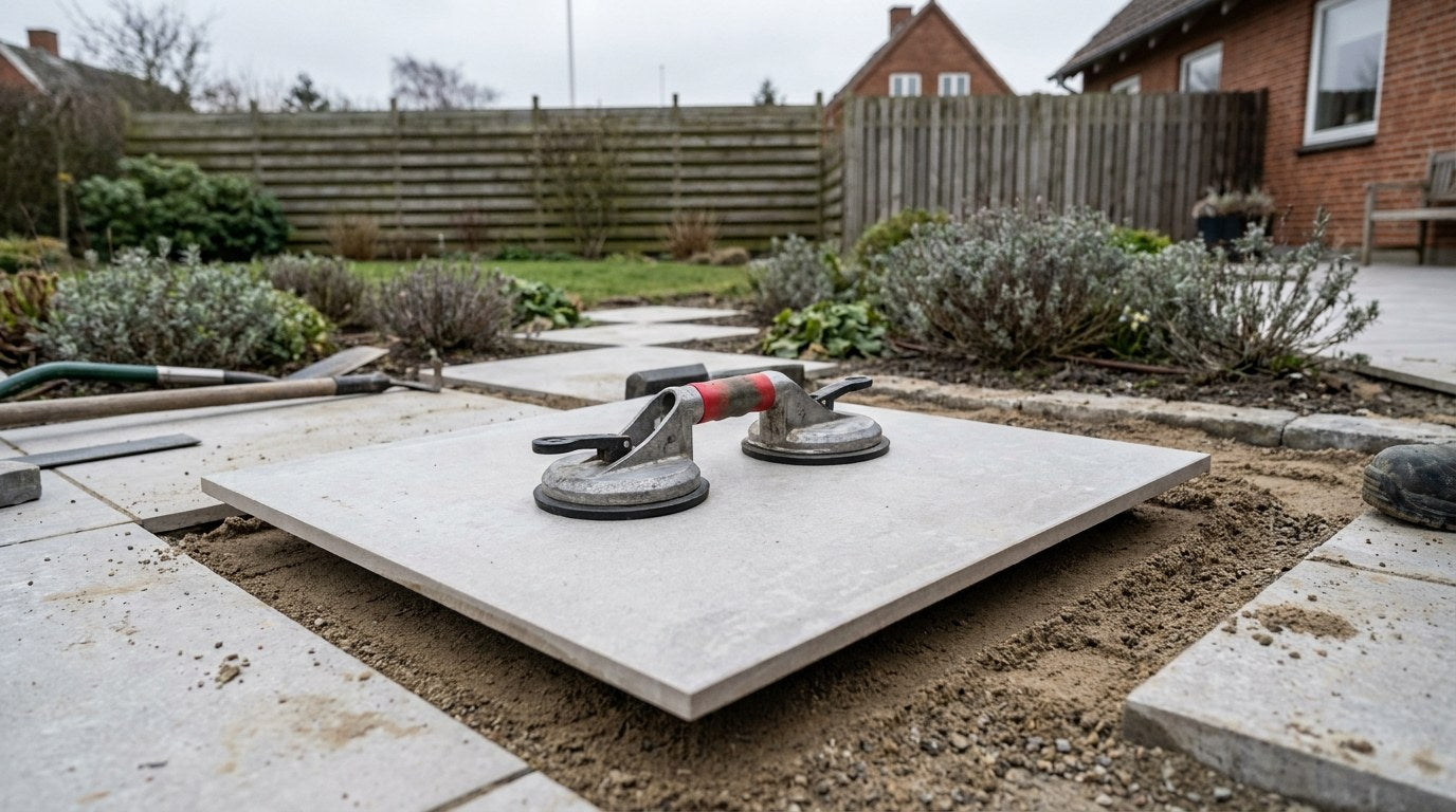 Håndværker bruger en professionel sugekop til fliser for at placere en stor keramisk udendørsflise præcist i afretningsgruset.