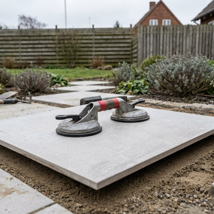 Håndværker bruger en professionel sugekop til fliser for at placere en stor keramisk udendørsflise præcist i afretningsgruset.