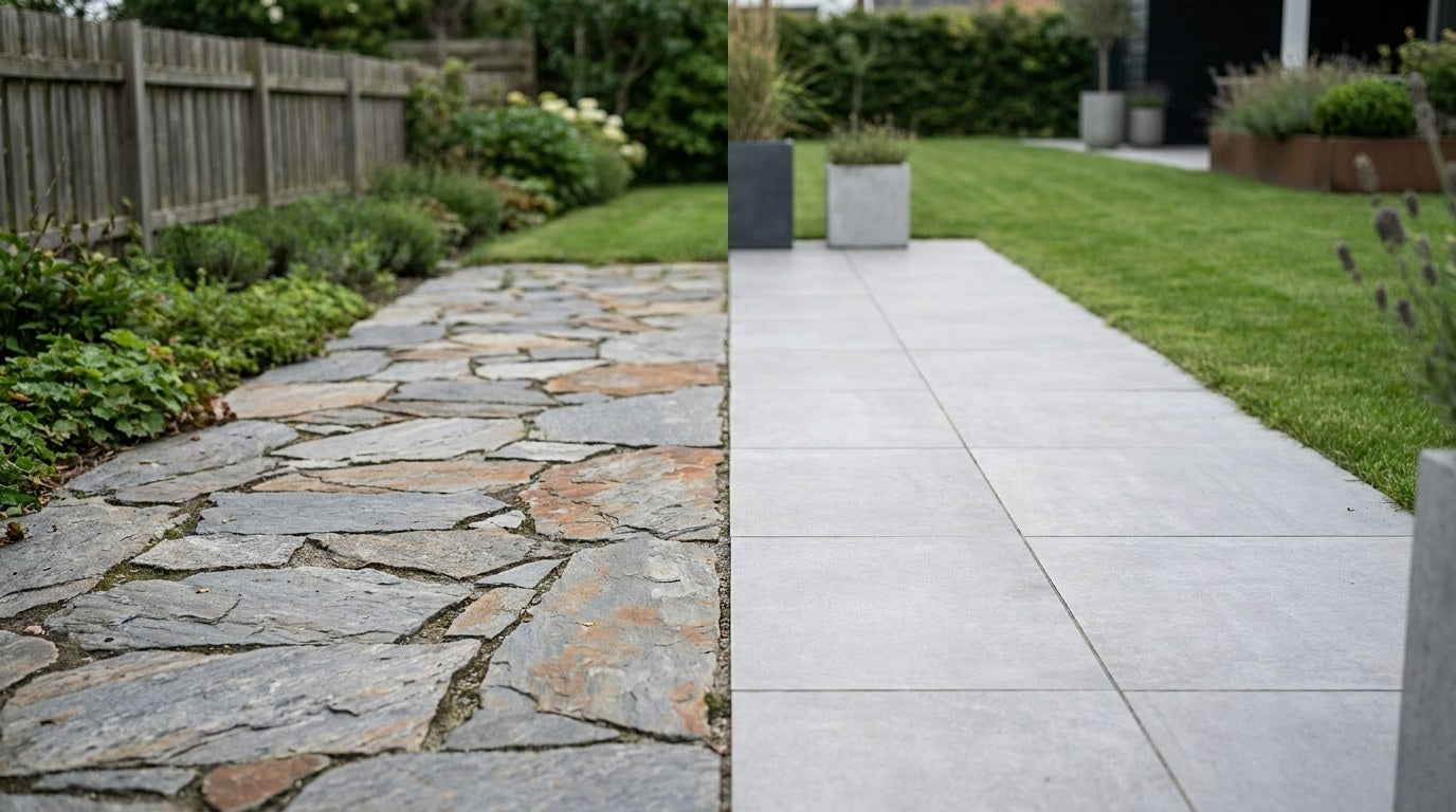 En smuk og nyanlagt terrasse, der illustrerer forskellen mellem rustikke natursten og stringente keramiske fliser i et moderne dansk havemiljø.