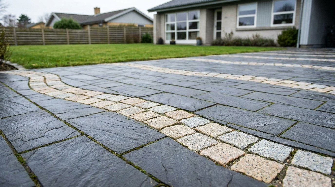 Flot ny indkørsel med lyse soldaterfliser og mørke chaussesten lagt i mønster