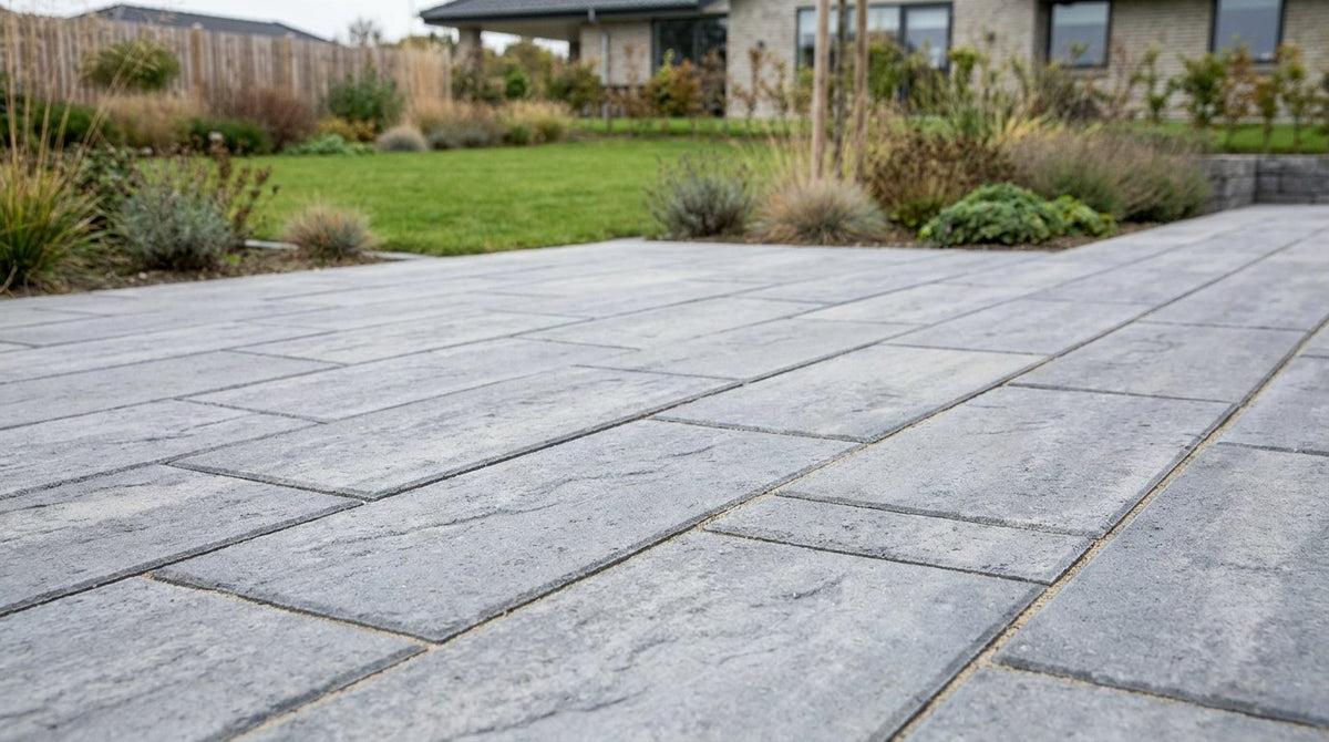 Nyanlagt moderne terrasse med store rektangulære 30x60 cm fliser i lys sandfarve, lagt i et elegant halvforbandt.