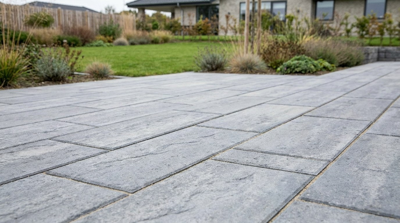 Nyanlagt moderne terrasse med store rektangulære 30x60 cm fliser i lys sandfarve, lagt i et elegant halvforbandt.