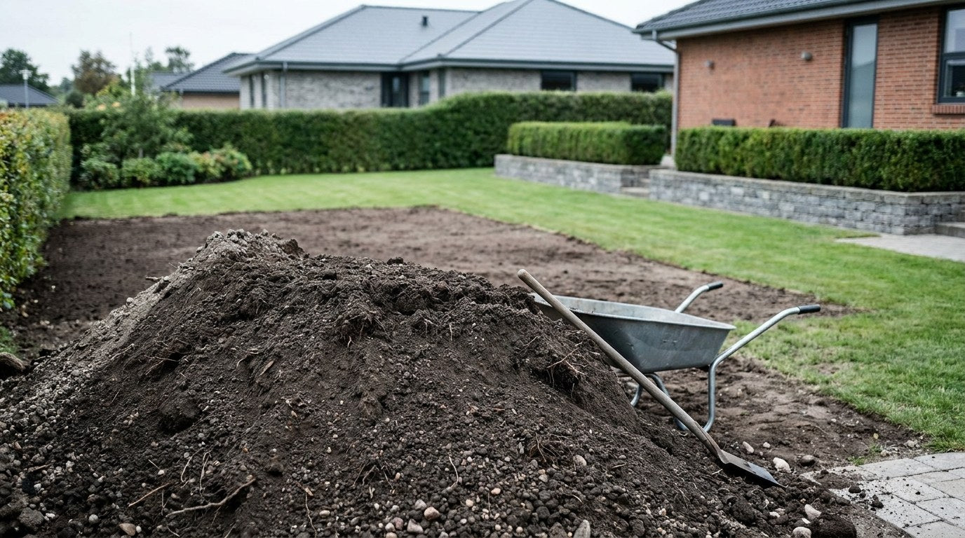 Udlægning af harpet muld og topdressing til en sund og grøn græsplæne i en dansk have