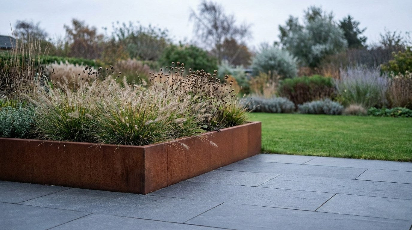 Et smukt cortenstål højbed fyldt med frodige grønne planter, der skaber kontrast til en terrasse af grå natursten