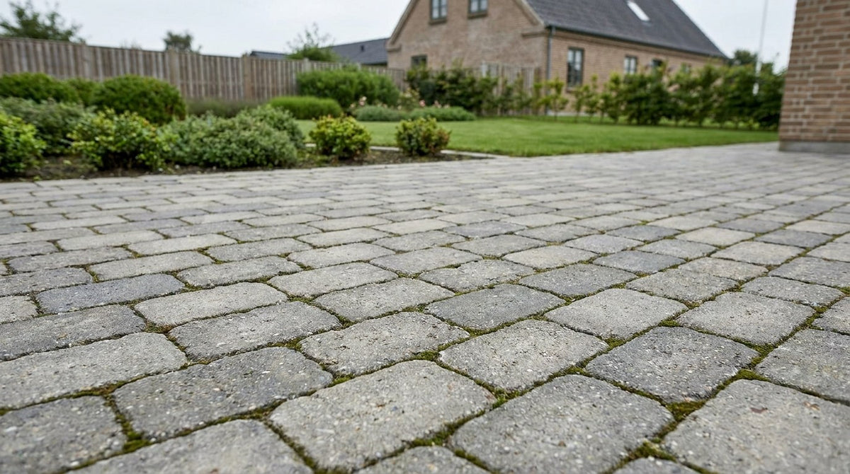 Nylagt gårdsplads med IBF SF-Klostersten, der viser den uregelmæssige, brostenslignende overflade og det stærke forbandt.