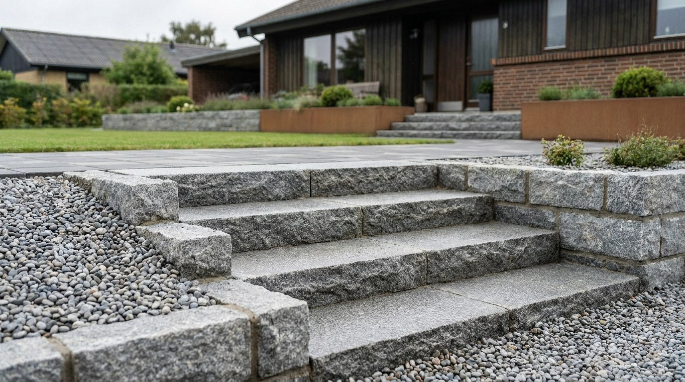 En nyanlagt, majestætisk udendørs granit trappe foran en dansk villa, omgivet af flot natursten og belægning.
