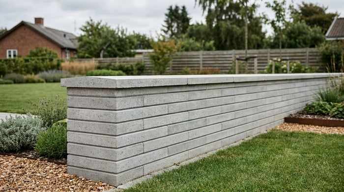 En færdigbygget og elegant skala støttemur i beton med slanke linjer og usynlige fuger i en moderne dansk have.