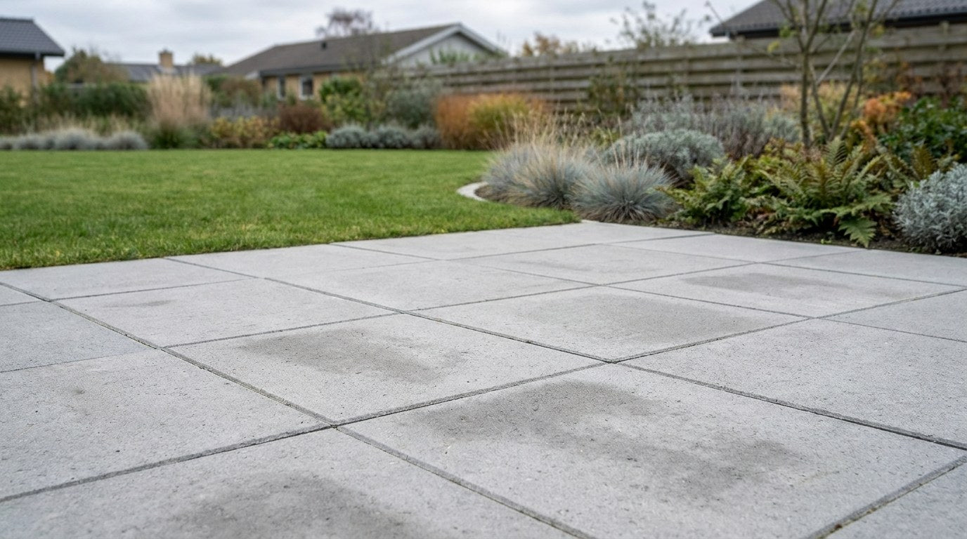 Nyanlagt terrasse bygget med klassiske og prisvenlige betonfliser, lagt i et flot mønster i en dansk have.