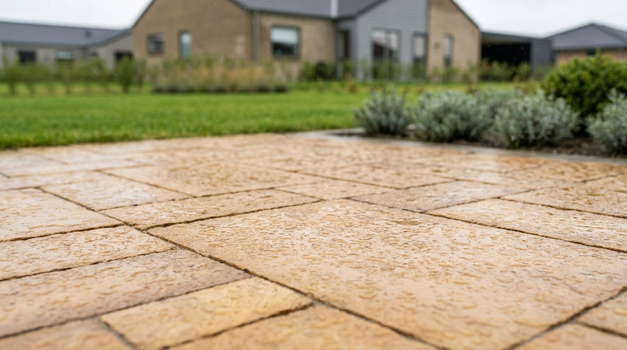 Nyanlagt terrasse med gylden indisk sandsten i et dansk havemiljø, der modstår både frost og regn.