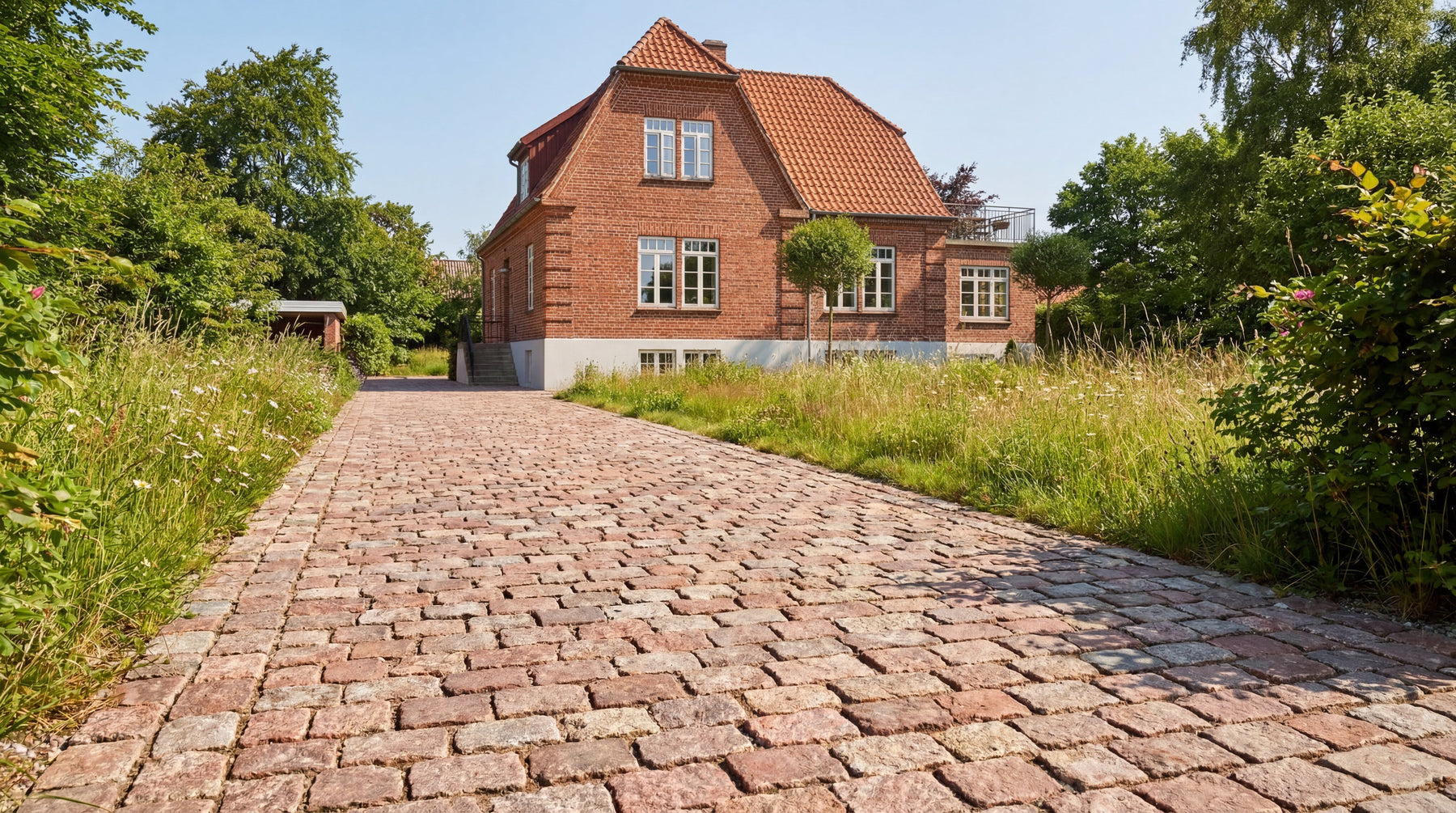 Rød brostensbelægning fører op til et murstenshus med rødt tegltag. Grøn beplantning langs indkørslen.