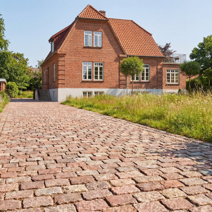 Rød brostensbelægning fører op til et murstenshus med rødt tegltag. Grøn beplantning langs indkørslen.