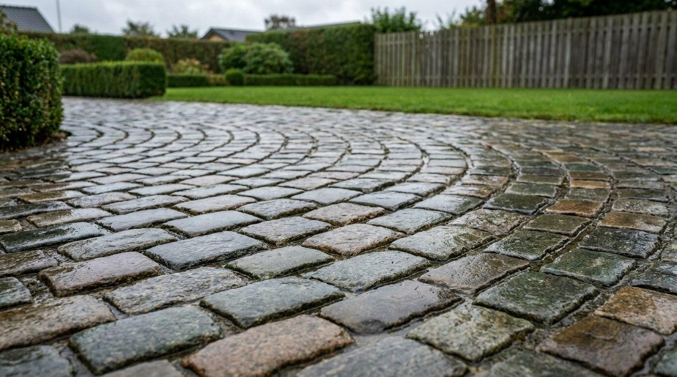 Nærbillede af smukt lagte brugte chaussesten i bueforbandt med tydelig historisk patina og afrundede kanter