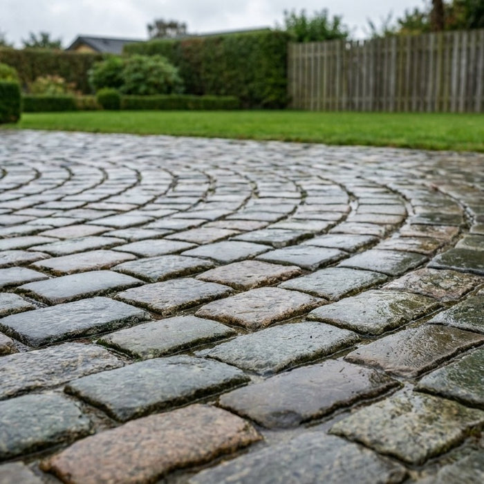 Nærbillede af smukt lagte brugte chaussesten i bueforbandt med tydelig historisk patina og afrundede kanter
