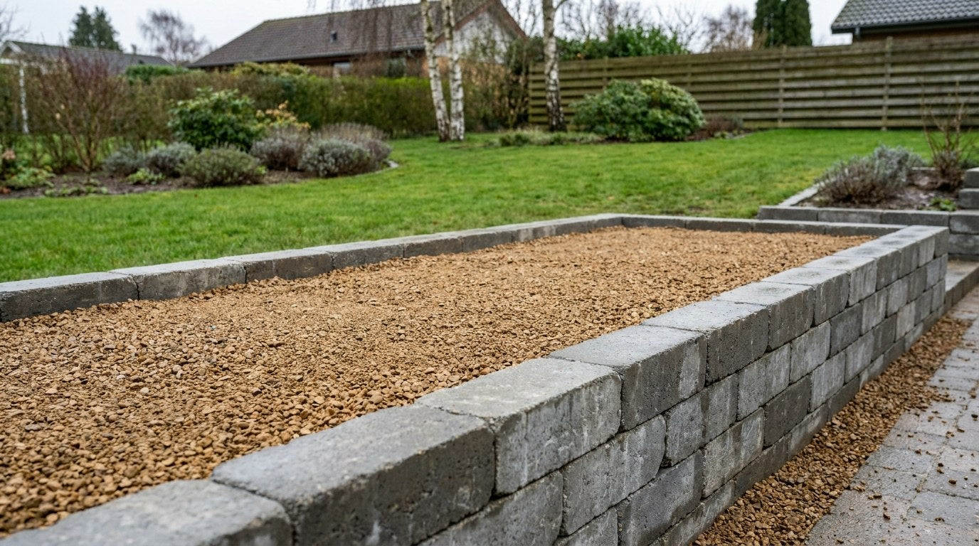 En nyanlagt hævet terrasse opbygget med solide grå støttemurblokke i beton og store naturstensfliser på toppen, omgivet af en velplejet dansk have.