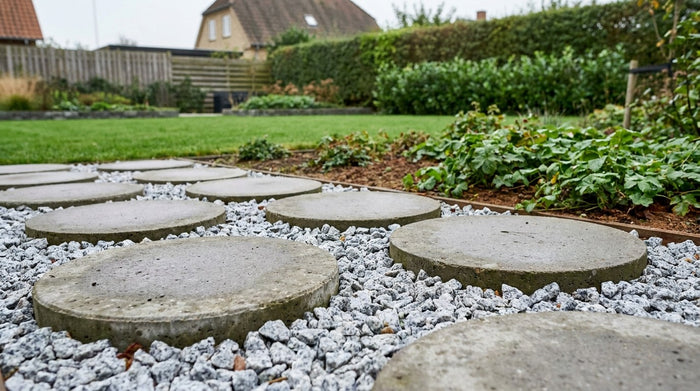 Store runde IBF betonfliser lagt som minimalistiske trædesten i en jævn, grøn græsplæne