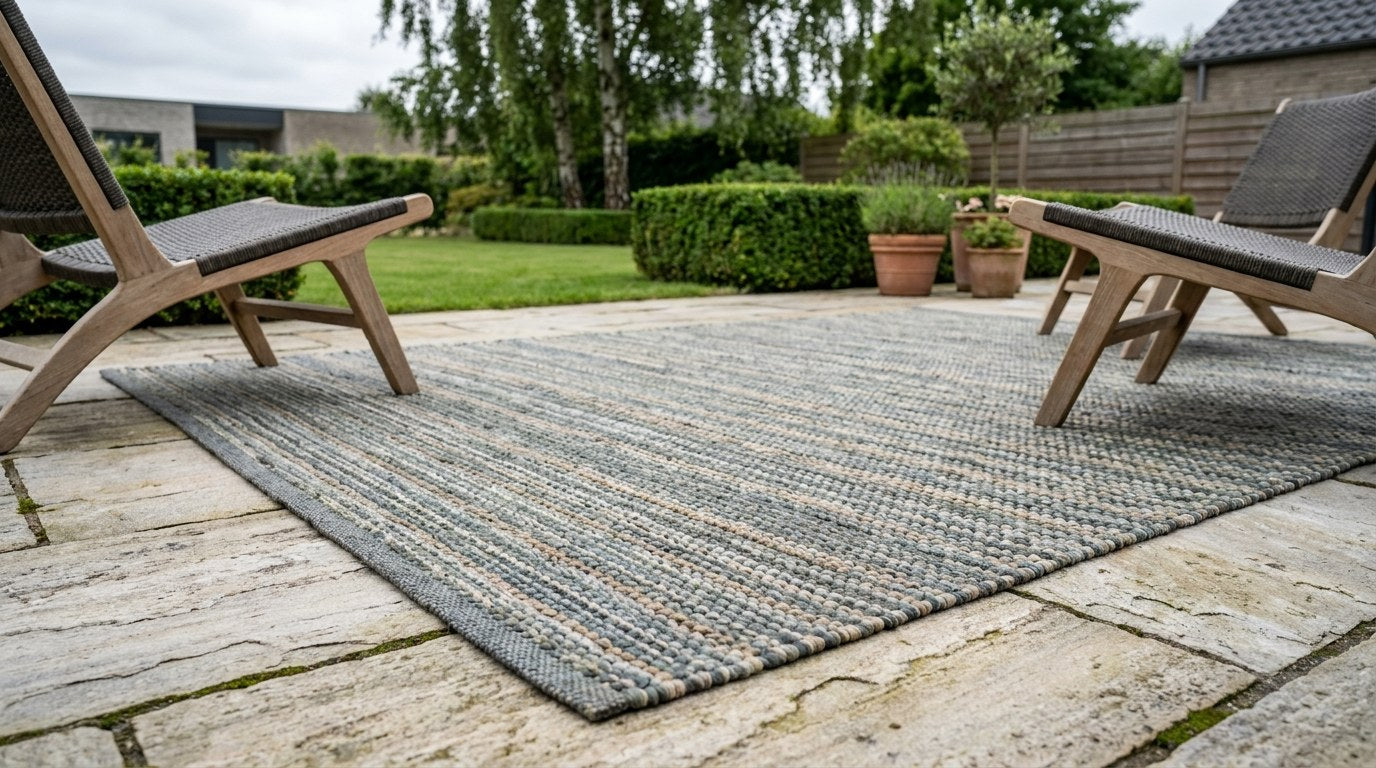 Lækkert loungemiljø på en terrasse med keramiske fliser, hvor et gråt udetæppe samler møblerne og beskytter belægningen.