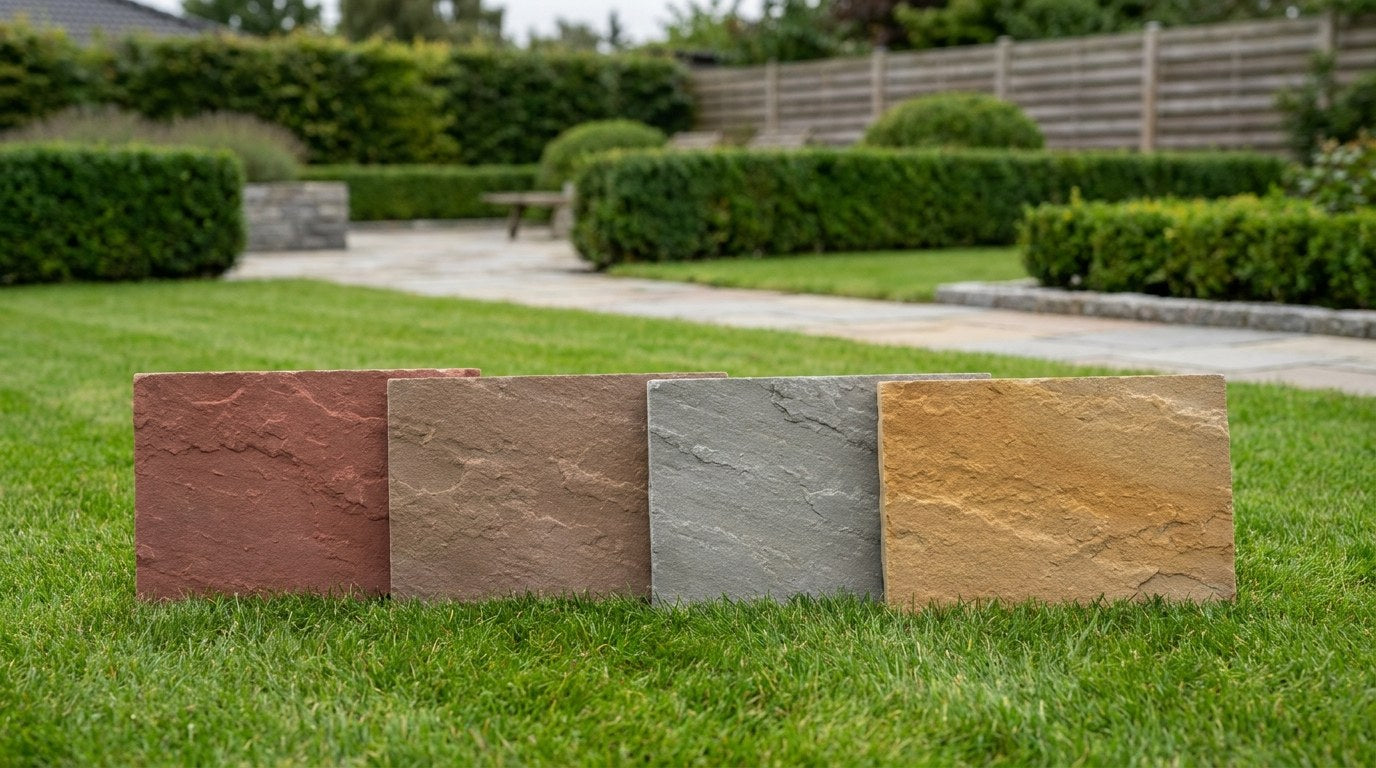 Smuk nyanlagt terrasse med indiske sandstensfliser i varme nuancer der komplementerer en klassisk dansk murstensfacade