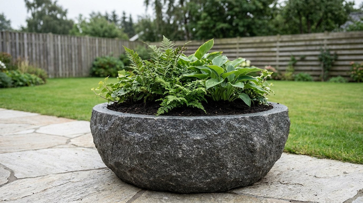 Nærbillede af hænder der fylder luftig og næringsrig plantejord i en stor udendørs plantekumme af beton over et drænlag af granitskærver.