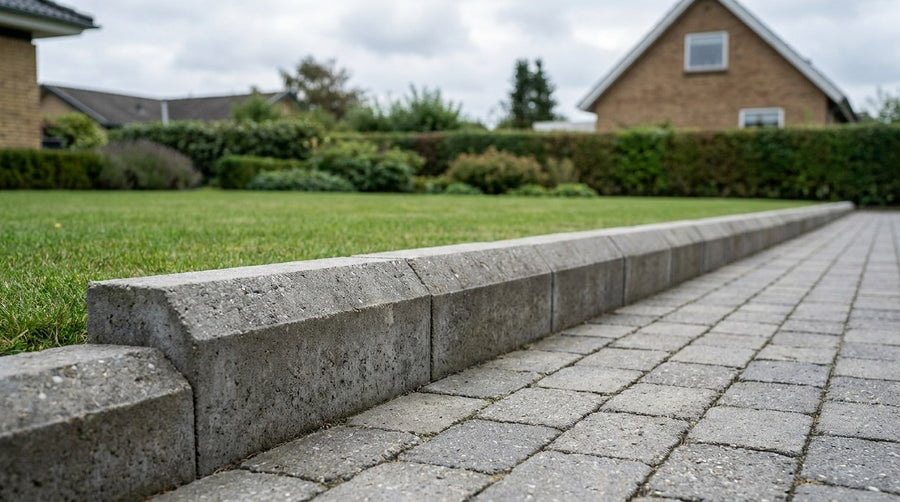 En nysat række af grå Albertslund kantsten med skrå overside, sat i jordfugtig beton langs en dansk indkørsel