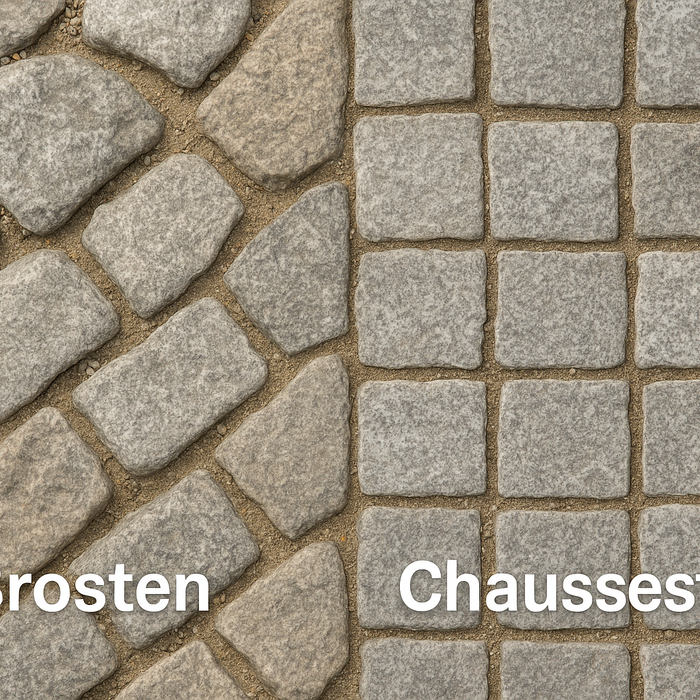 Nærbillede af brosten (venstre) og chaussesten (højre) med tekst.