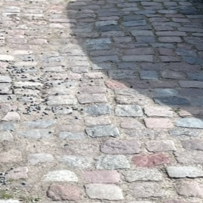 Billede af brosten i grå og rosa nuancer.