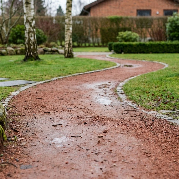 Grå stenmel lagt som havesti i en dansk have med fald for at undgå vandpytter