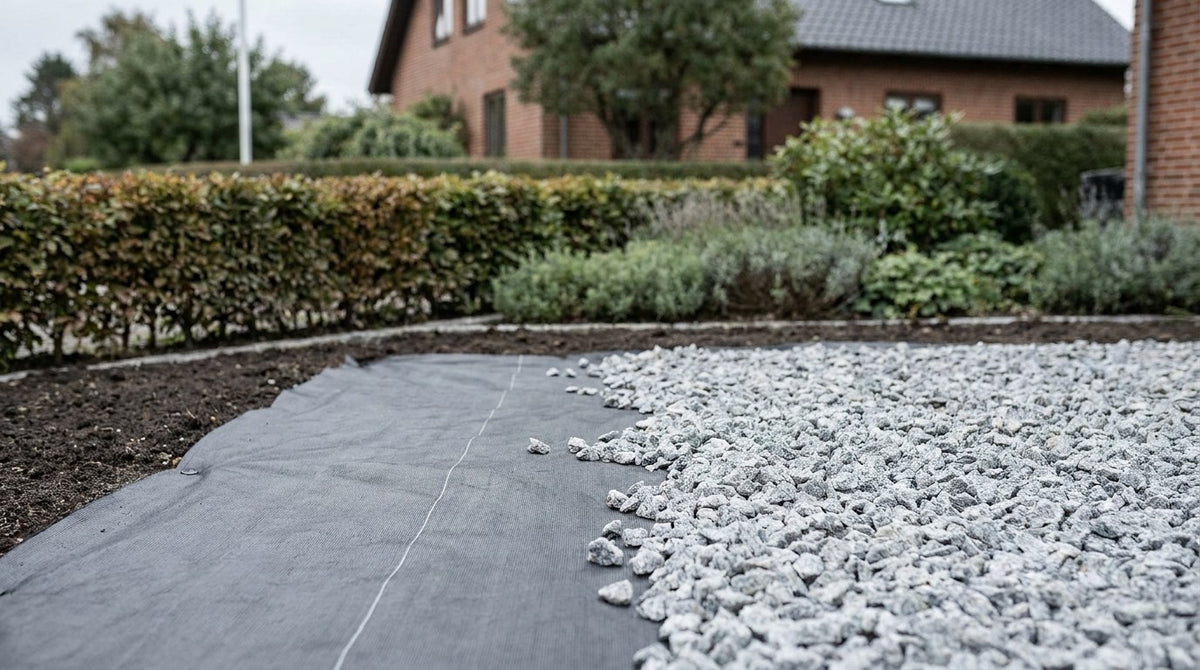 Korrekt udlægning af fiberdug som adskillelse mellem leret råjord og bærelag af stabilgrus i et dansk haveprojekt