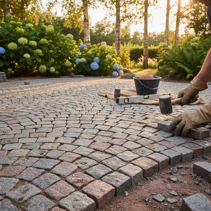 Lægning af chaussésten i buemønster. Guide til læggemønstre.