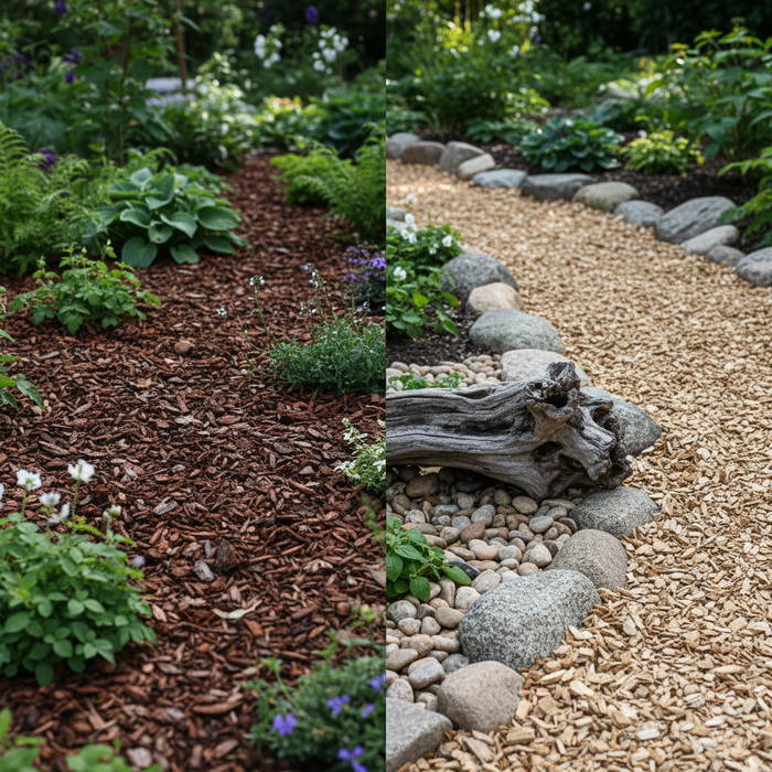 Billede af have med barkflis (venstre) og træflis (højre) som bunddække.
