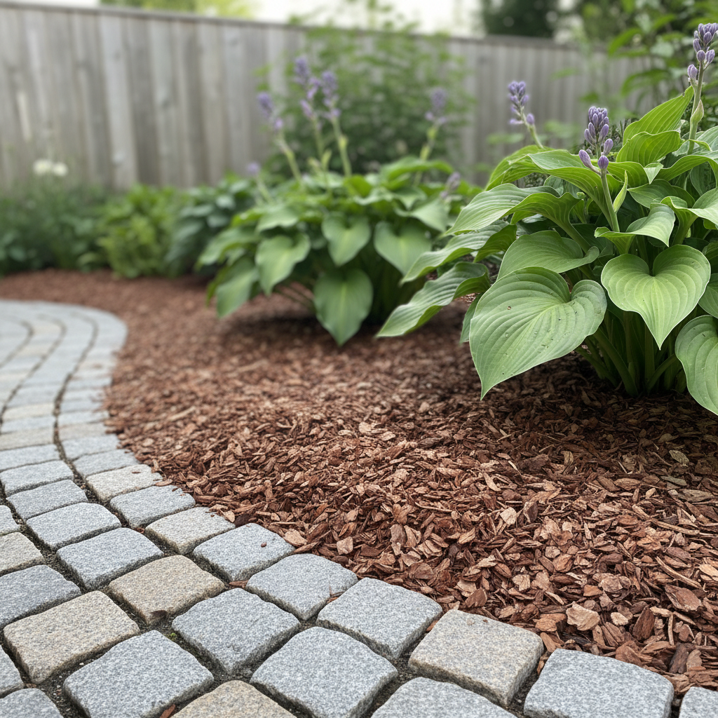 Kakaoflis i haven omkring hosta og stenbelægning.