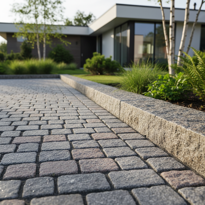 Indkørsel med granitkantsten og belægning. Flot afslutning på indkørslen.