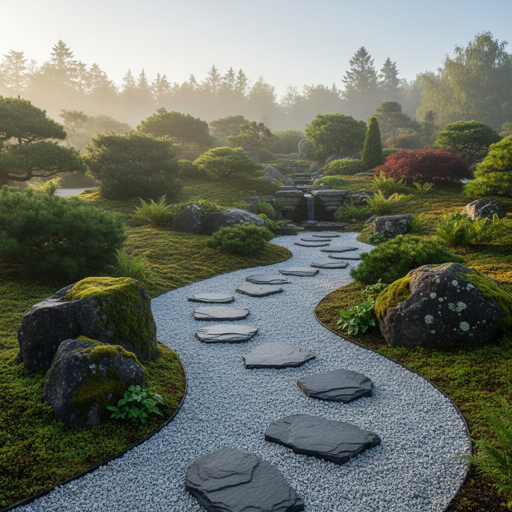 Japansk have med sti af natursten og skærver. Vandfald i baggrunden.