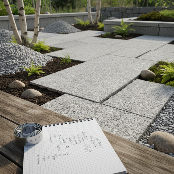 Haveplan med stenbelægning, grus og notater om vægtfylde.