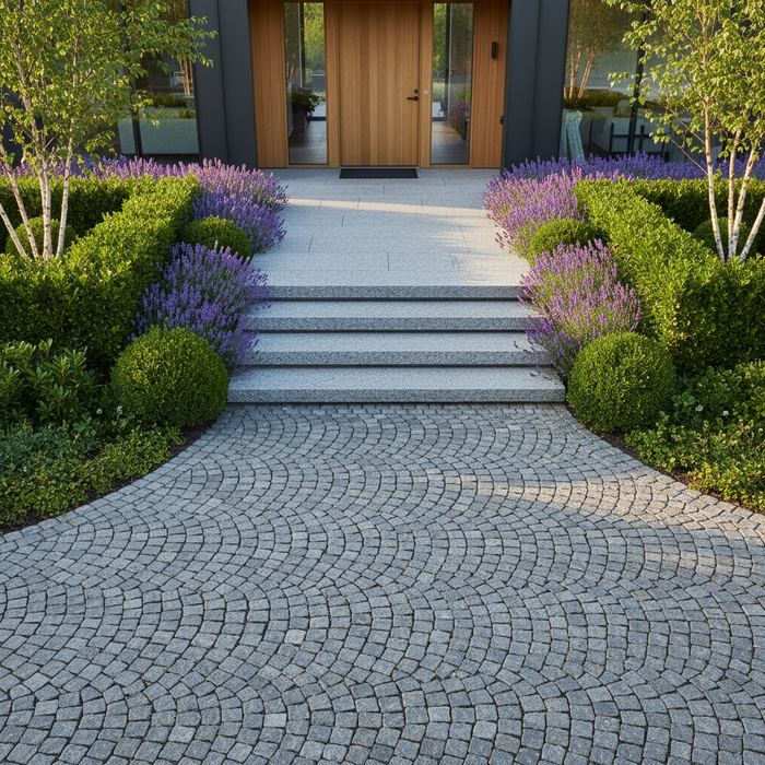 Granittrapper fører op til en eksklusiv entré med smuk beplantning.