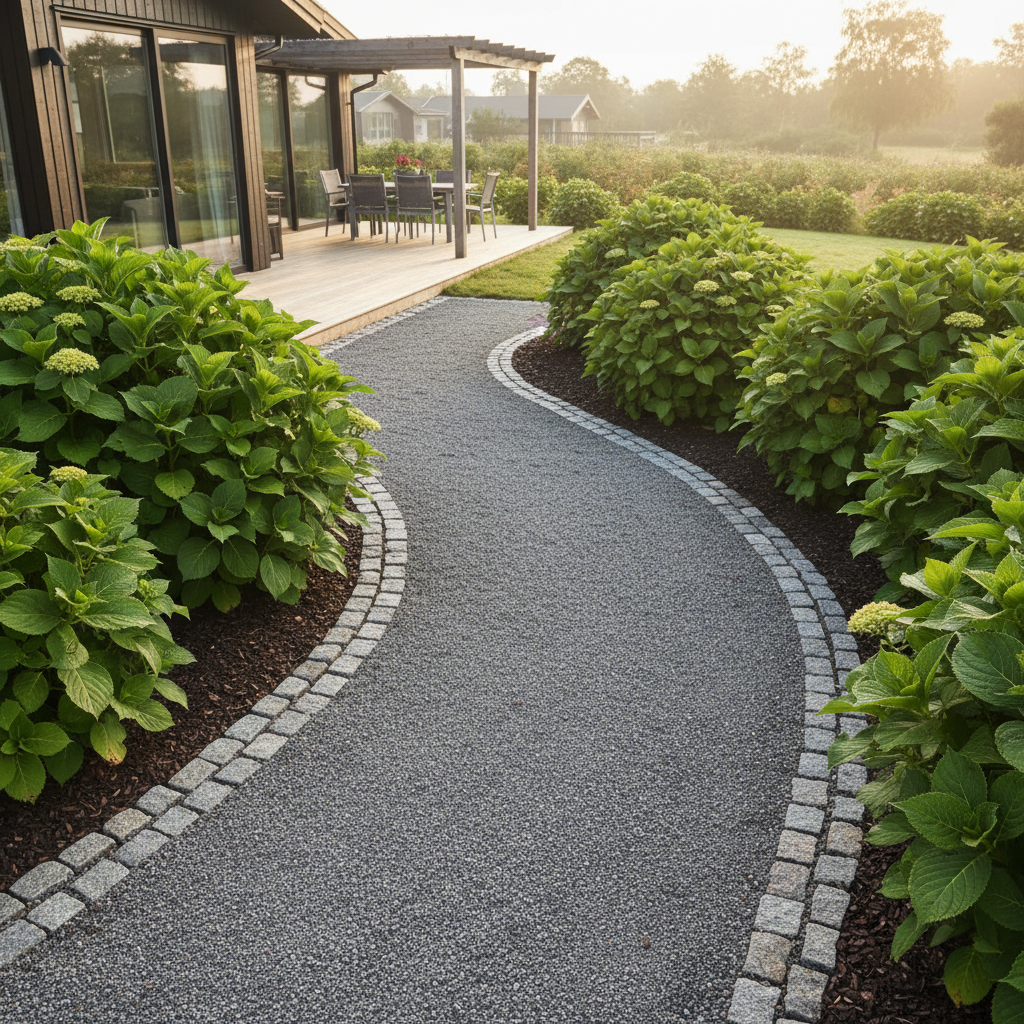 Slynget havesti med gråt stenmel, kantsten og frodige hortensiaer.