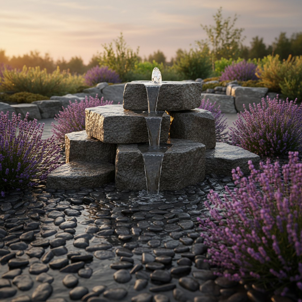 Granitvandsten med lavendler i haven.