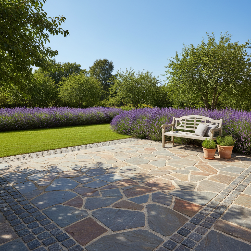 Ølandsbrud terrasse med bænk, lavendel og grøn have.