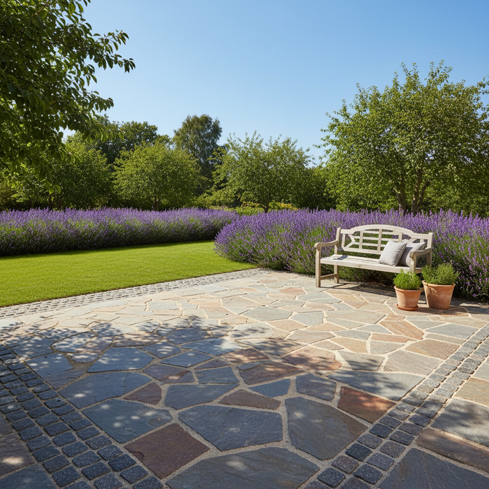 Ølandsbrud terrasse med bænk, lavendel og grøn have.